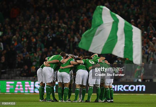 The Republic of Ireland team huddle before the FIFA 2010 World Cup Qualifier play off first leg between Republic of Ireland and France at Croke Park...