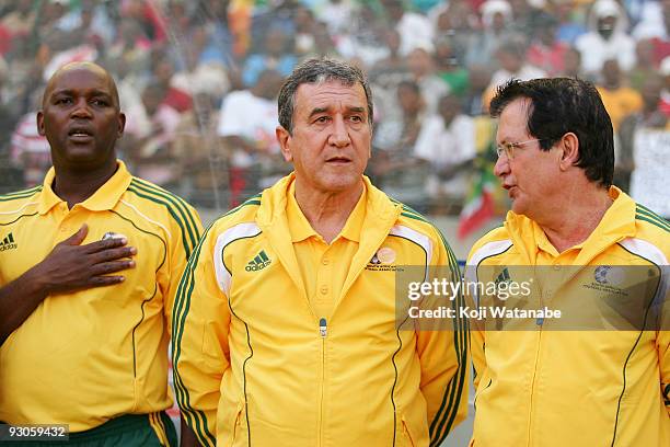 South Africa team coach Carlos Alberto Parreira waits for the start of the international friendly match between South Africa and Japan at the Nelson...