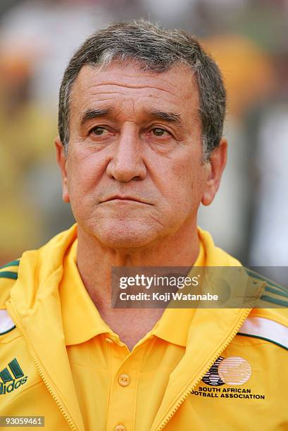 South Africa team coach Carlos Alberto Parreira waits for the start of the international friendly match between South Africa and Japan at the Nelson...