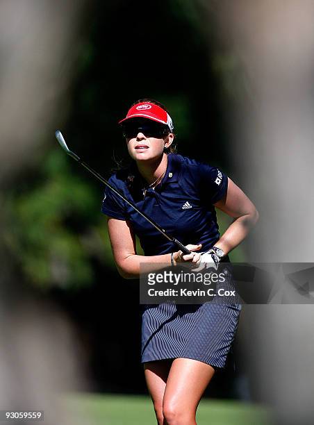 Paula Creamer of the United States looks at her second shot on the fifth hole during the third round of the Lorena Ochoa Invitational Presented by...