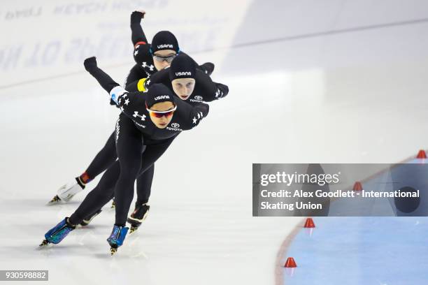 Jamie Nielson, Corinne Stoddard and Lindsey Woodbury of the United States perform in the ladies team pursuit during the World Junior Speed Skating...