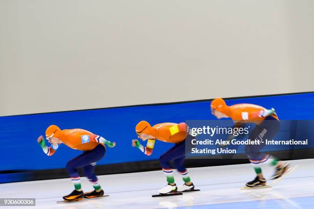 Louis Hollaar, Teun de Wit and Tierk de Boer of the Netherlands perform in the men's team pursuit during the World Junior Speed Skating Championships...