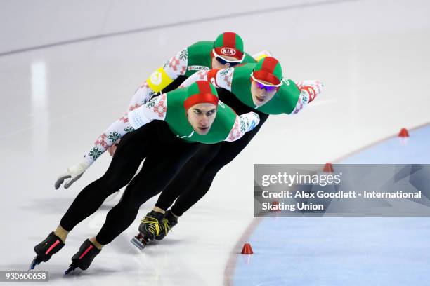 Yahor Damaratski, Evgeniy Bolgov and Victor Rudenko of Belarus perform in the men's team pursuit during the World Junior Speed Skating Championships...