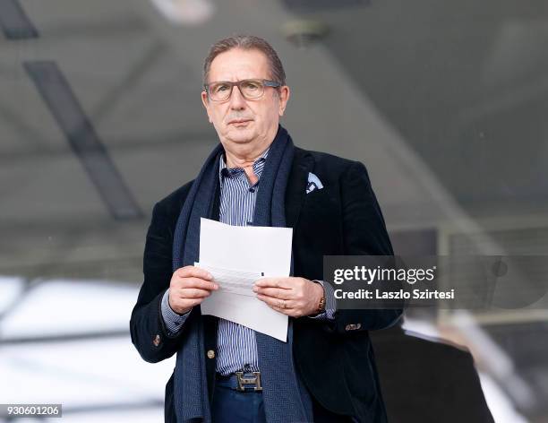 Head coach Georges Leekens of Hungarian National Team holds a sheet of paper in his hands prior to the Hungarian OTP Bank Liga match between Vasas FC...