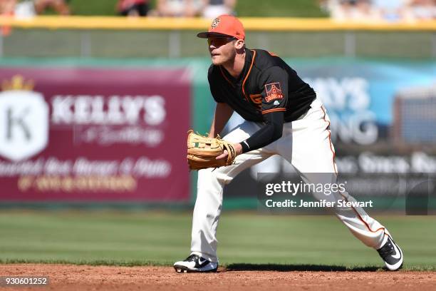 Josh Rutledge of the San Francisco Giants in action during the spring training game against the Kansas City Royals at Scottsdale Stadium on February...