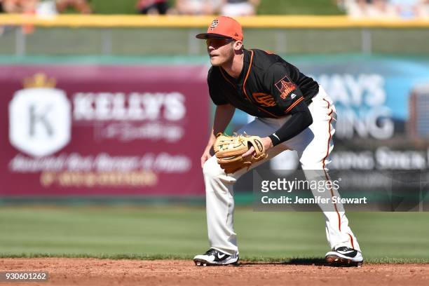 Josh Rutledge of the San Francisco Giants in action during the spring training game against the Kansas City Royals at Scottsdale Stadium on February...