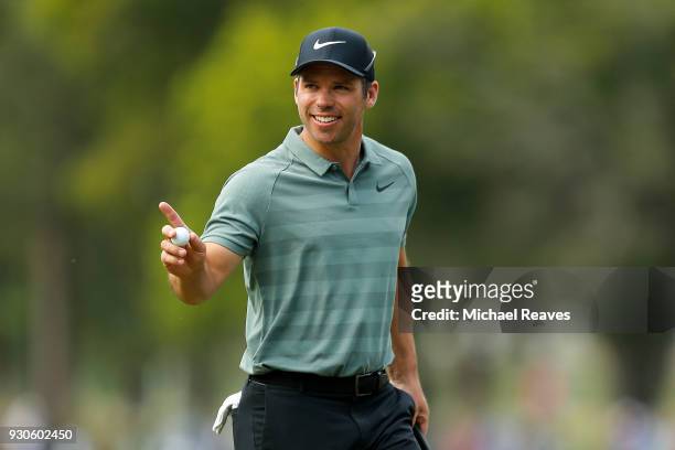 Paul Casey of England reacts after a putt on the 16th hole during the final round of the Valspar Championship at Innisbrook Resort Copperhead Course...