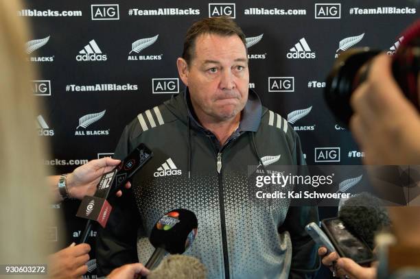 Steve Hansen speaks to the media during a New Zealand All Blacks media opportunity at Christchurch Rugby Football Club on March 12, 2018 in...