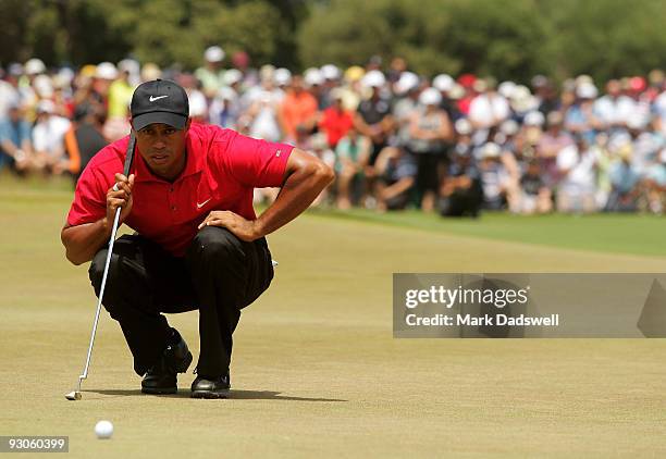 Tiger Woods of the USA prepares to putt on the 3rd hole during the final round of the 2009 Australian Masters at Kingston Heath Golf Club on November...