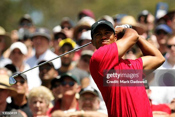 Tiger Woods of the USA tees off on the 3rd hole during the final round of the 2009 Australian Masters at Kingston Heath Golf Club on November 15,...