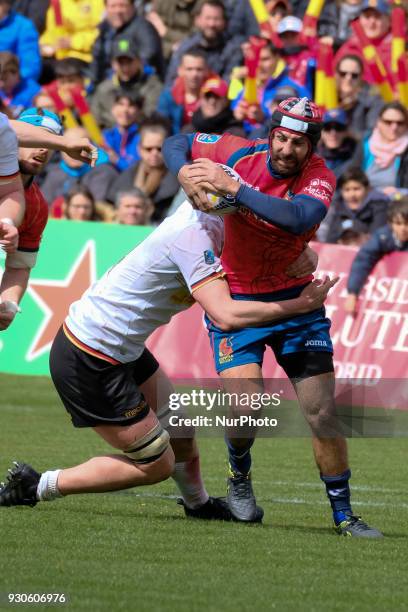 Mathiu Belie from Spain is tackle by a player from Germany during the match of Spain against Germany as part of the Rugby Europe Championship on day...