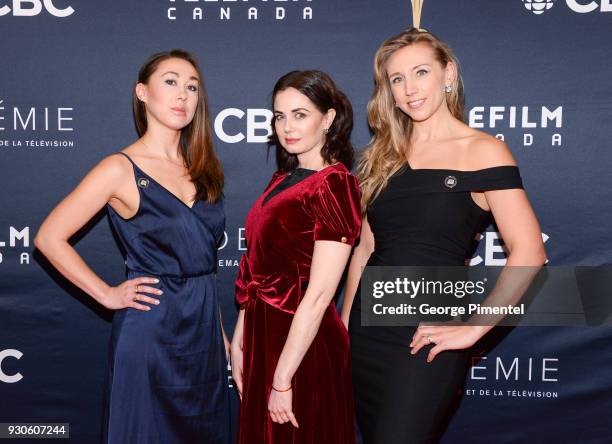 Aisling Chin-Yee, Mia Kirshner and Freya Ravensbergen arrive at the 2018 Canadian Screen Awards at the Sony Centre for the Performing Arts on March...