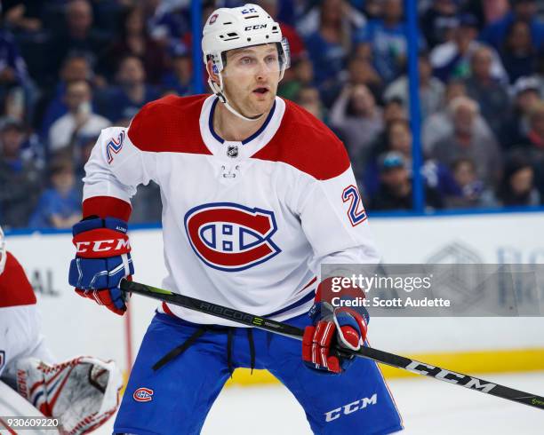 Karl Alzner of the Montreal Canadiens skates against the Tampa Bay Lightning at Amalie Arena on March 10, 2018 in Tampa, Florida. "n