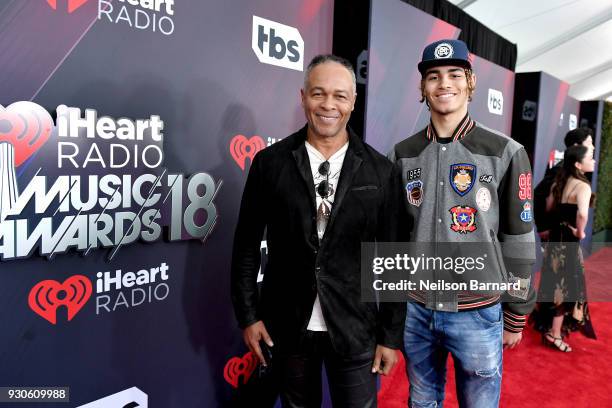 Ray Parker Jr. And Jericho Parker attend the 2018 iHeartRadio Music Awards which broadcasted live on TBS, TNT, and truTV at The Forum on March 11,...