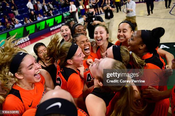 Leslie Robinson of the Princeton Tigers celebrates after winning the Women's Ivy League Tournament Championship with her team at The Palestra on...