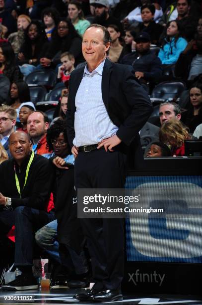 Head coach Mike Budenholzer of the Atlanta Hawks reacts to a play against the Chicago Bulls on March 11, 2018 at Philips Arena in Atlanta, Georgia....