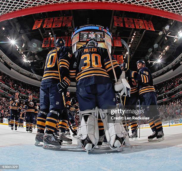 Ryan Miller of the Buffalo Sabres celebrates with his team their 3-2 win over the Philadelphia Flyers on November 14, 2009 at the Wachovia Center in...