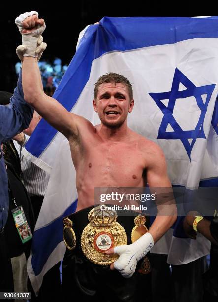 Yuri Foreman celebrates after he defeats Daniel Santos by unanimous decision to become the WBA super welterweight champion at the MGM Grand Garden...