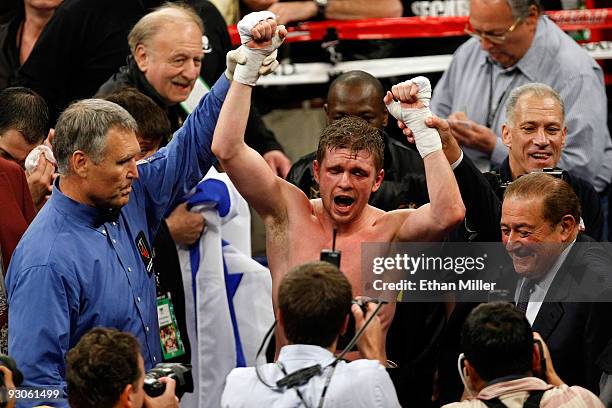 Yuri Foreman celebrates after he defeats Daniel Santos by unanimous decision to become the WBA super welterweight champion at the MGM Grand Garden...