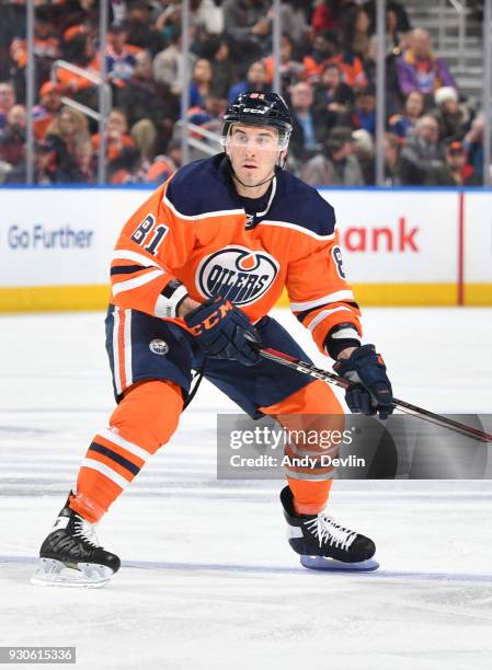 Yohann Auvitu of the Edmonton Oilers skates during the game against the Florida Panthers on February 12, 2018 at Rogers Place in Edmonton, Alberta,...