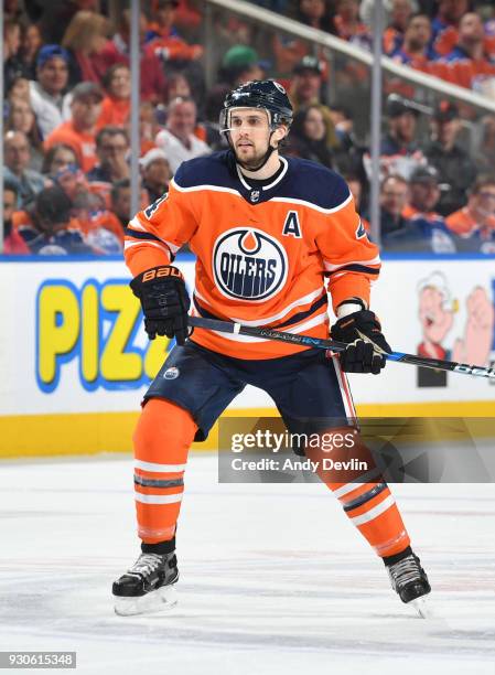 Kris Russell of the Edmonton Oilers skates during the game against the Florida Panthers on February 12, 2018 at Rogers Place in Edmonton, Alberta,...