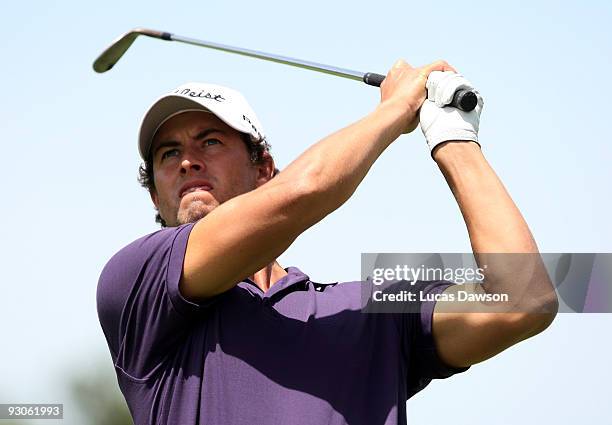 Adam Scott of Australia plays an approach shot on the 3rd hole during the final round of the 2009 Australian Masters at Kingston Heath Golf Club on...