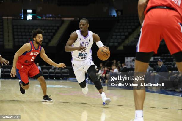 Isaiah Whitehead of the Long Island Nets handles the ball during the game against the Delaware 87ers during a G-League game on March 11, 2018 at the...
