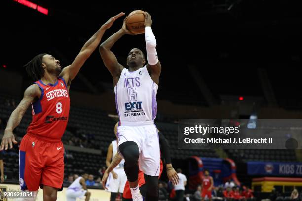 Isaiah Whitehead of the Long Island Nets drives to the basket during the game against the Delaware 87ers during a G-League game on March 11, 2018 at...