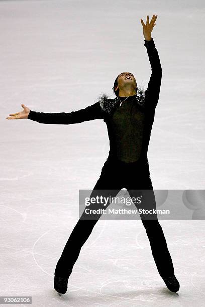 Evan Lysacek finishes his routine in the Free Skate during the Cancer.Net Skate America at Herb Brooks Arena on November 14, 2009 in Lake Placid, New...