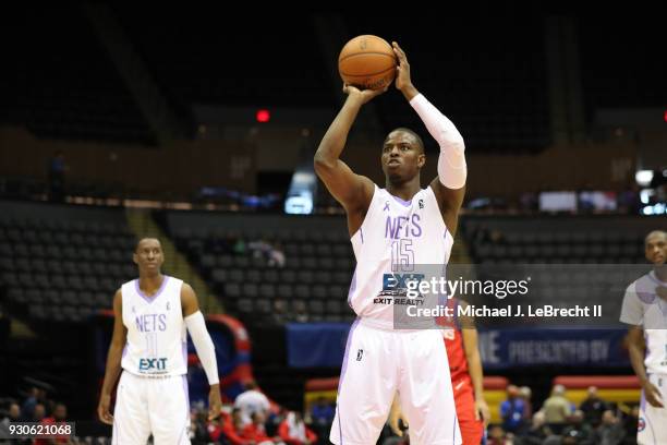 Isaiah Whitehead of the Long Island Nets shoots a free throw during the game against the Delaware 87ers during a G-League game on March 11, 2018 at...