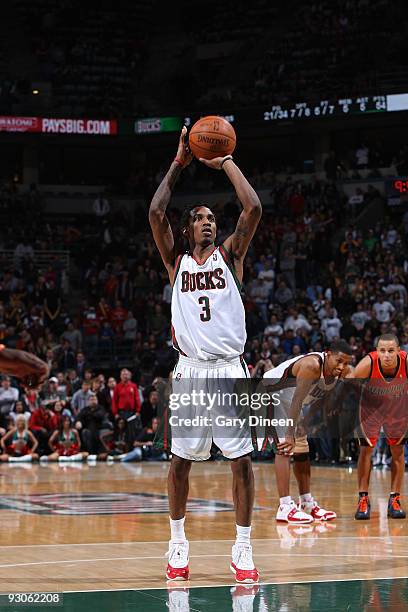 Brandon Jennings of the Milwaukee Bucks shoots a free-throw to score his 55th point against the Golden State Warriors on November 14, 2009 at the...