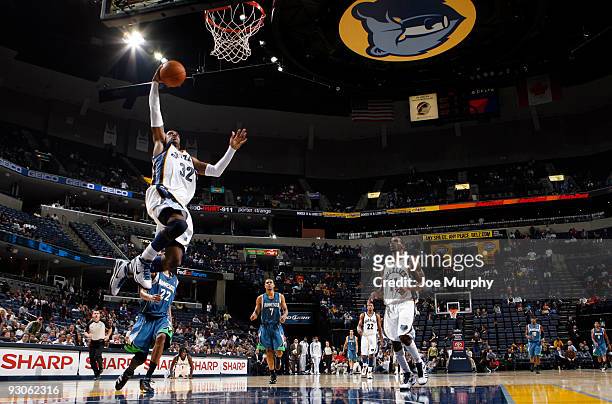 Mayo of the Memphis Grizzlies goes up for a dunk against the Minnesota Timberwolves on November 14, 2009 at FedExForum in Memphis, Tennessee. NOTE TO...