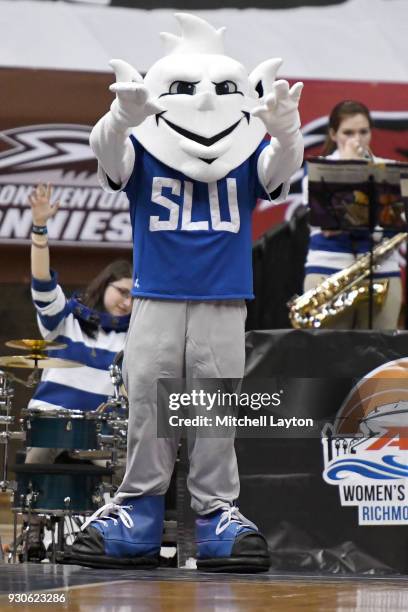 The Saint Louis Billikens mascot on the floor during the quarterfinal round of the Atlantic-10 Women's Basketball Tournament against the Duquesne...