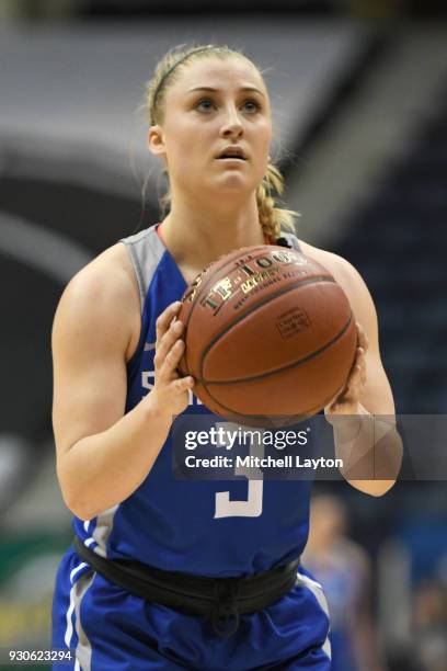 Jackie Kemph of the Saint Louis Billikens takes a foul shot during the quarterfinal round of the Atlantic-10 Women's Basketball Tournament against...