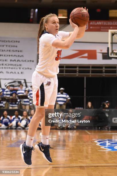 Amanda Kalin of the Duquesne Lady Dukes takes a jump shot during the quarterfinal round of the Atlantic-10 Women's Basketball Tournament against the...