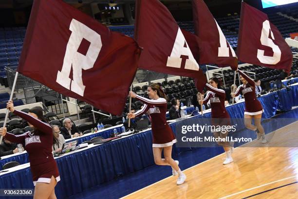 The Fordham Lady Rams cheerleaders on the floor before the quarterfinal round of the Atlantic-10 Women's Basketball Tournament against the St. Joseph...