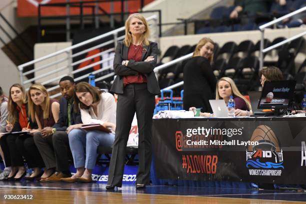 Head coach Cindy Griffin of the St. Joseph Hawks looks on during the quarterfinal round of the Atlantic-10 Women's Basketball Tournament against the...