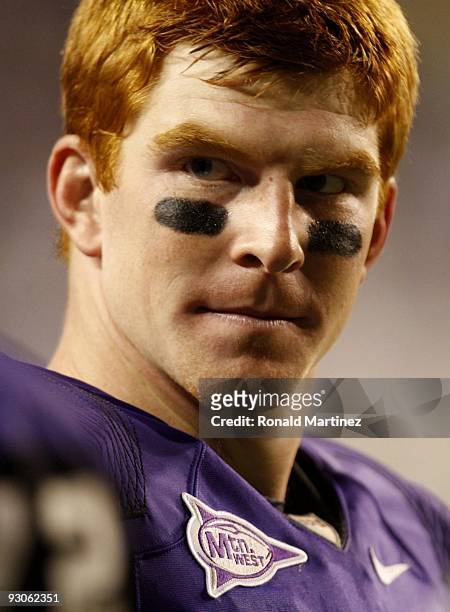 Quarterback Andy Dalton of the TCU Horned Frogs on the sidelines during the game against The Utah Utes at Amon G. Carter Stadium on November 14, 2009...