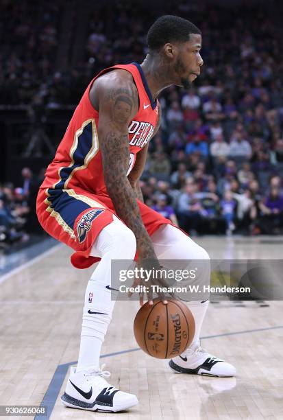 DeAndre Liggins of the New Orleans Pelicans dribbles the ball against the Sacramento Kings during an NBA basketball game at Golden 1 Center on March...