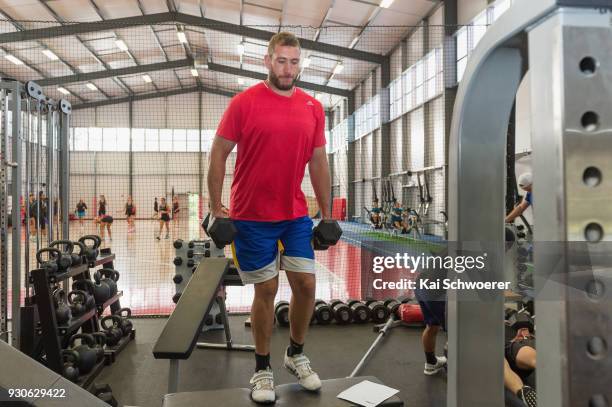 Luke Romano works out during a New Zealand All Blacks gym session at the Apollo Projects Centre high performance training facility on March 12, 2018...