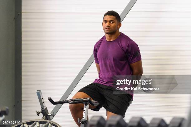 Waisake Naholo works out during a New Zealand All Blacks gym session at the Apollo Projects Centre high performance training facility on March 12,...