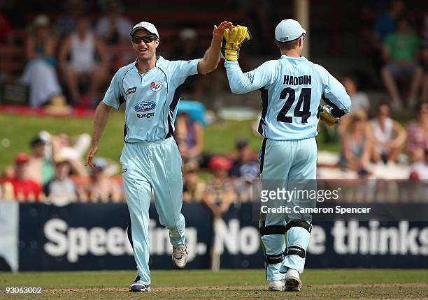 Simon Katich of the Blues celebrates with team mate Brad Haddin after running out Rhett lockyear of the Tigers during the Ford Ranger Cup match...