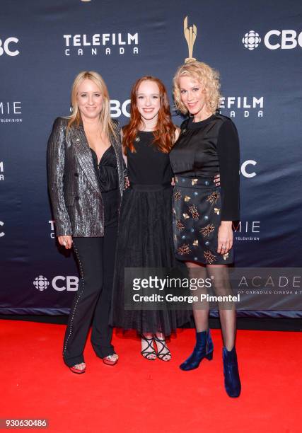 Miranda de Pencier, Amybeth McNulty and Moira Walley-Beckett arrive at the 2018 Canadian Screen Awards at the Sony Centre for the Performing Arts on...