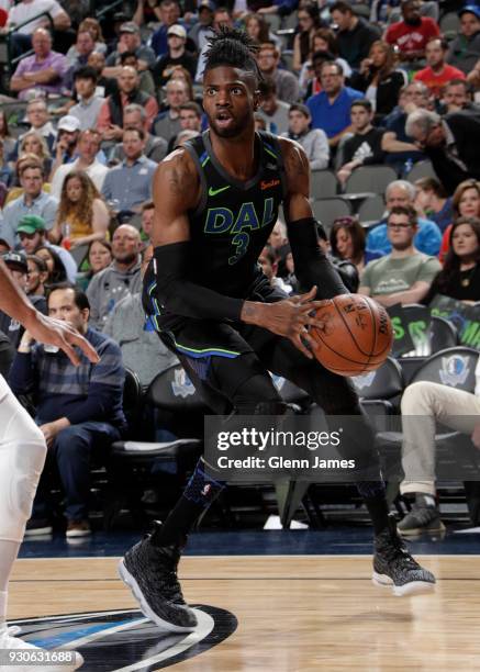 Nerlens Noel of the Dallas Mavericks handles the ball during the game against the Houston Rockets on March 11, 2018 at the American Airlines Center...