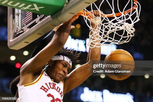 Myles Turner of the Indiana Pacers dunks the ball during a game against the Boston Celtics at TD Garden on March 11, 2018 in Boston, Massachusetts....