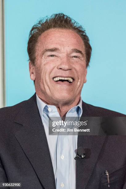 Actor and former governor of California Arnold Schwarzenegger is interviewed for the Politico podcast Off Message during SXSW Interactive on March...