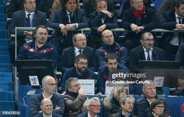 Head coach of France Jacques Brunel between his assistants Sebastien Bruno, Julien Bonnaire during the NatWest 6 Nations Crunch match between France...