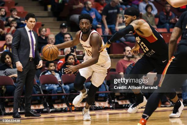 Isaac Hamilton of the Canton Charge handles the ball against the Erie BayHawks on March 11, 2018 at Canton Memorial Civic Center in Canton, Ohio....