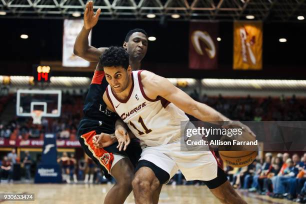 Grant Jerrett of the Canton Charge handles the ball against the Erie BayHawks on March 11, 2018 at Canton Memorial Civic Center in Canton, Ohio. NOTE...