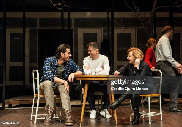 Argentinian playwright and also stage director Lautaro Perotti poses for a photo shoot with the actors Santi Marin and Carmen Machi after the dress...